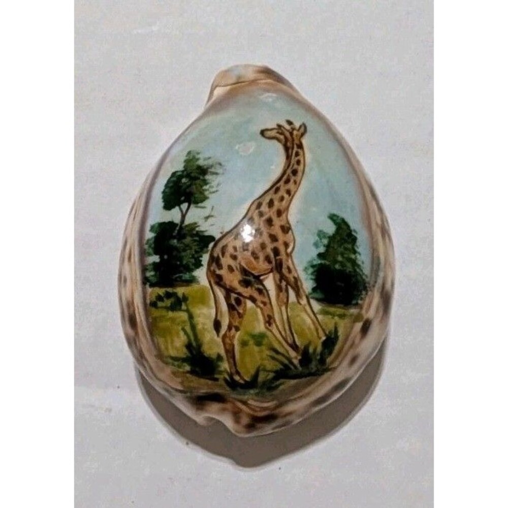 Vintage Hand Painted Tiger Cowrie Shell Giraffe Safari Scene Sea Shell 2.5"